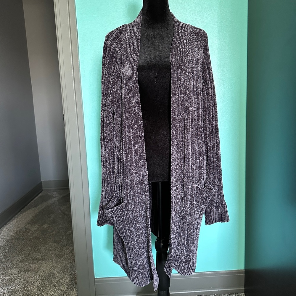 Dark purple grey chenille extra long sweater cardigan cozy pockets warm soft S/M